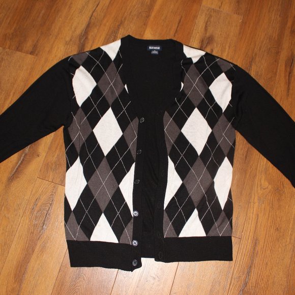 blue argyle cardigan
